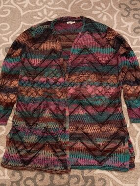 Margaux Multicolor Chevron Open-Front Cardigan in Teal, Pink & Brown